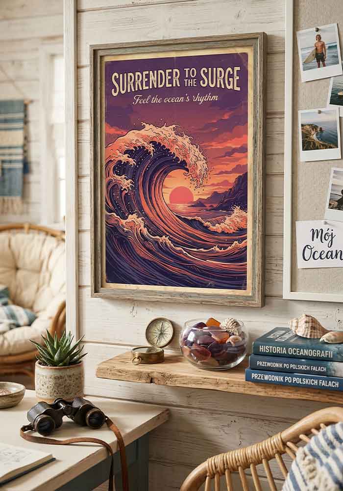 Dramatic retro illustration of a large crashing ocean wave against a red sunset with the text Surrender To The Surge - Feel the ocean's rhythm.