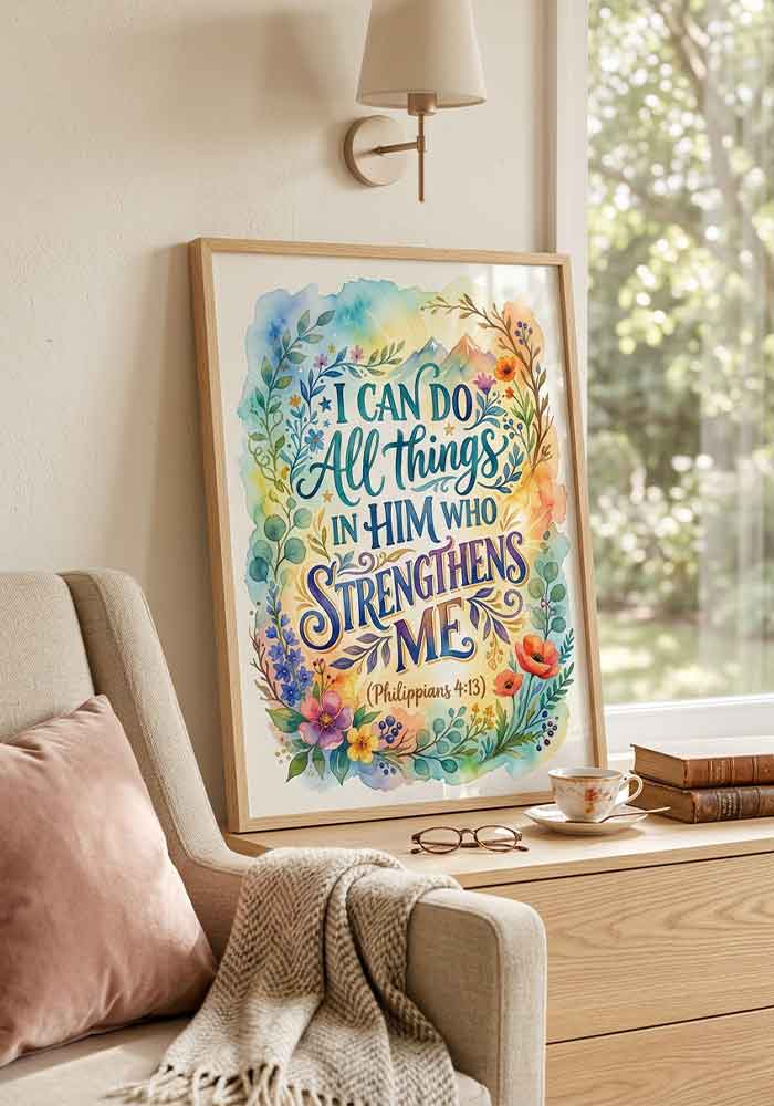 Heartwarming watercolor typography poster with the Bible verse "I can do all things in him who strengthens me (Philippians 4:13)" in elegant fonts against warm coral washes and delicate green branches.