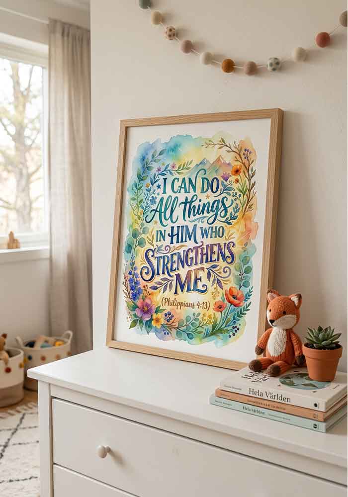 Heartwarming watercolor typography poster with the Bible verse "I can do all things in him who strengthens me (Philippians 4:13)" in elegant fonts against warm coral washes and delicate green branches.