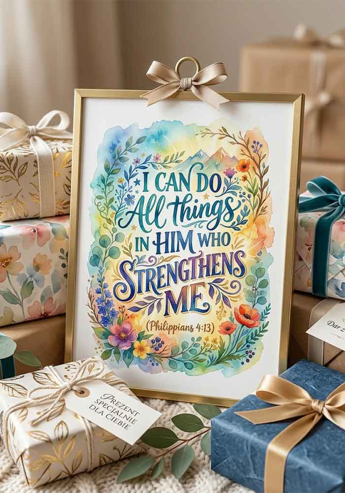 Heartwarming watercolor typography poster with the Bible verse "I can do all things in him who strengthens me (Philippians 4:13)" in elegant fonts against warm coral washes and delicate green branches.