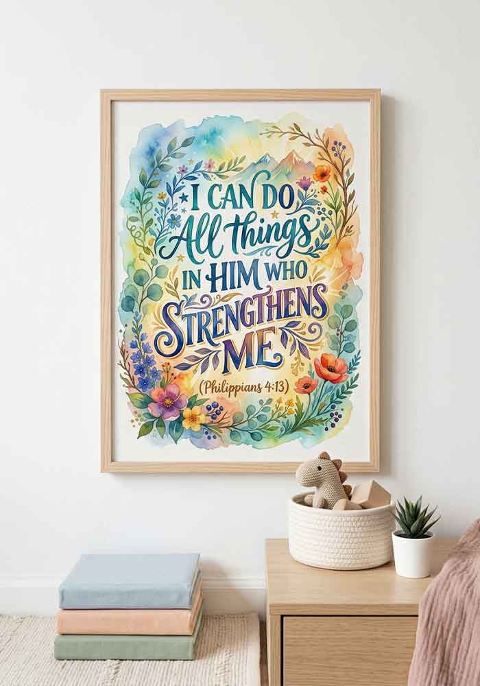Heartwarming watercolor typography poster with the Bible verse "I can do all things in him who strengthens me (Philippians 4:13)" in elegant fonts against warm coral washes and delicate green branches.