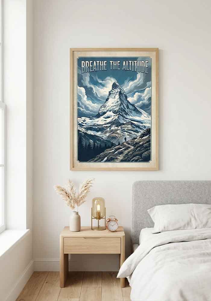 Breathe the Altitude Poster Vintage travel poster with the text Breathe the Altitude, featuring a snow-capped mountain peak and a hiker on a trail.