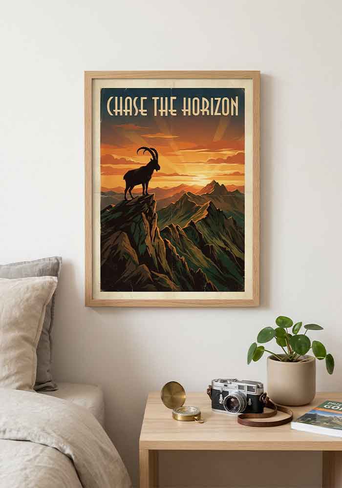 Vintage travel poster with the text Chase the Horizon, featuring a black silhouette of an ibex on a mountain peak against a vibrant orange sunset.