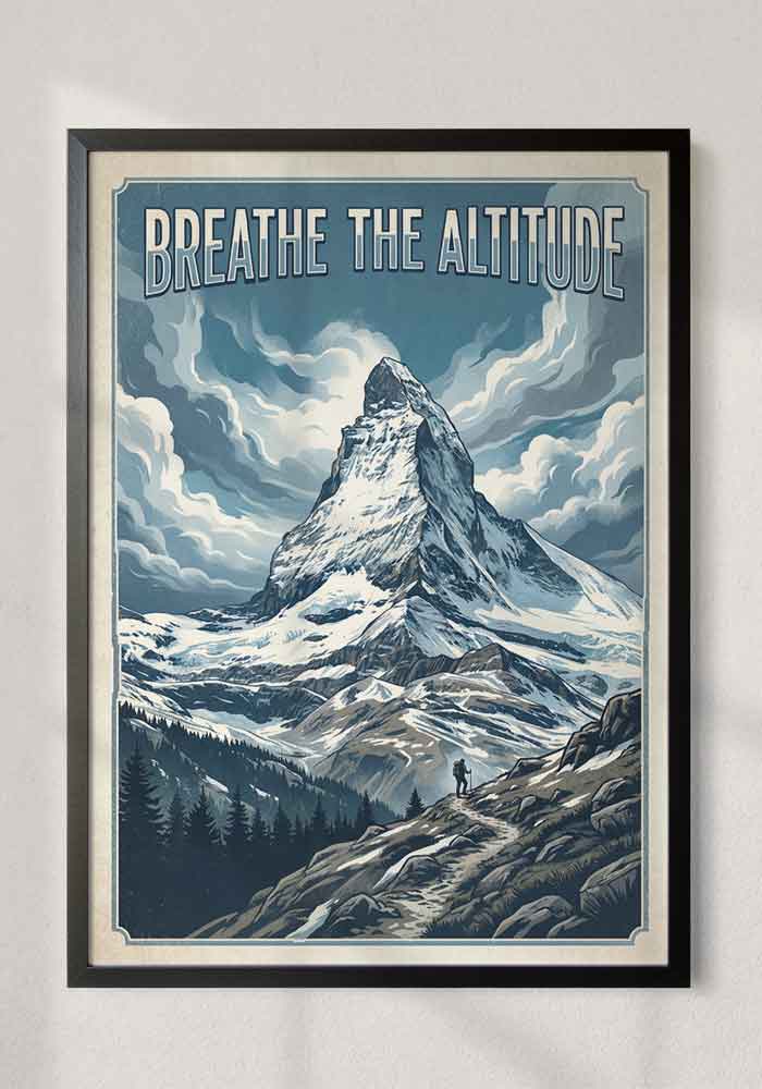 Breathe the Altitude Poster Vintage travel poster with the text Breathe the Altitude, featuring a snow-capped mountain peak and a hiker on a trail.