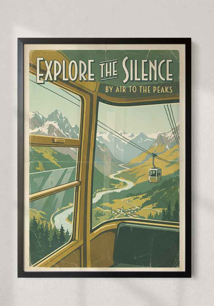 Retro poster with the text Explore the Silence, showing a view from inside a yellow cable car looking out over a green mountain valley and a winding river.