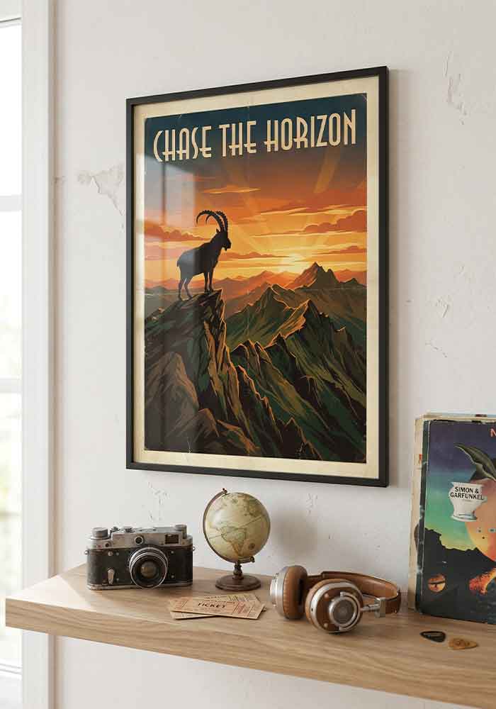 Vintage travel poster with the text Chase the Horizon, featuring a black silhouette of an ibex on a mountain peak against a vibrant orange sunset.
