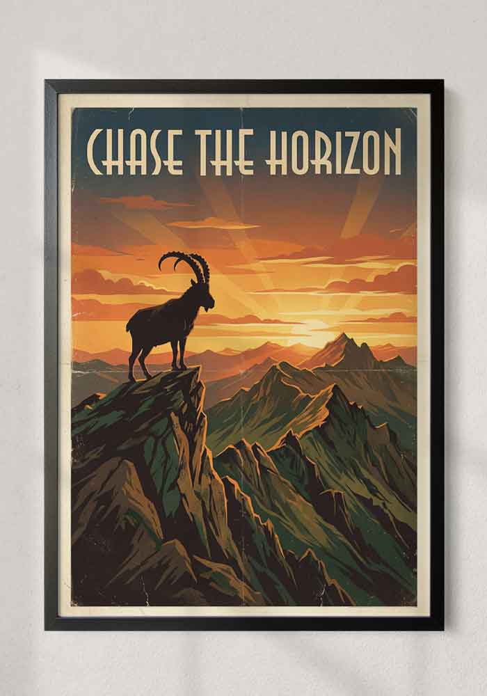 Vintage travel poster with the text Chase the Horizon, featuring a black silhouette of an ibex on a mountain peak against a vibrant orange sunset.
