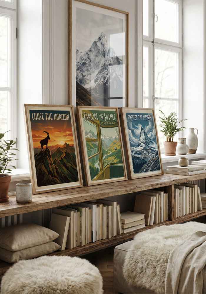 Framed vintage Alpine travel poster hanging on a wall in a stylish, modern home interior mockup.