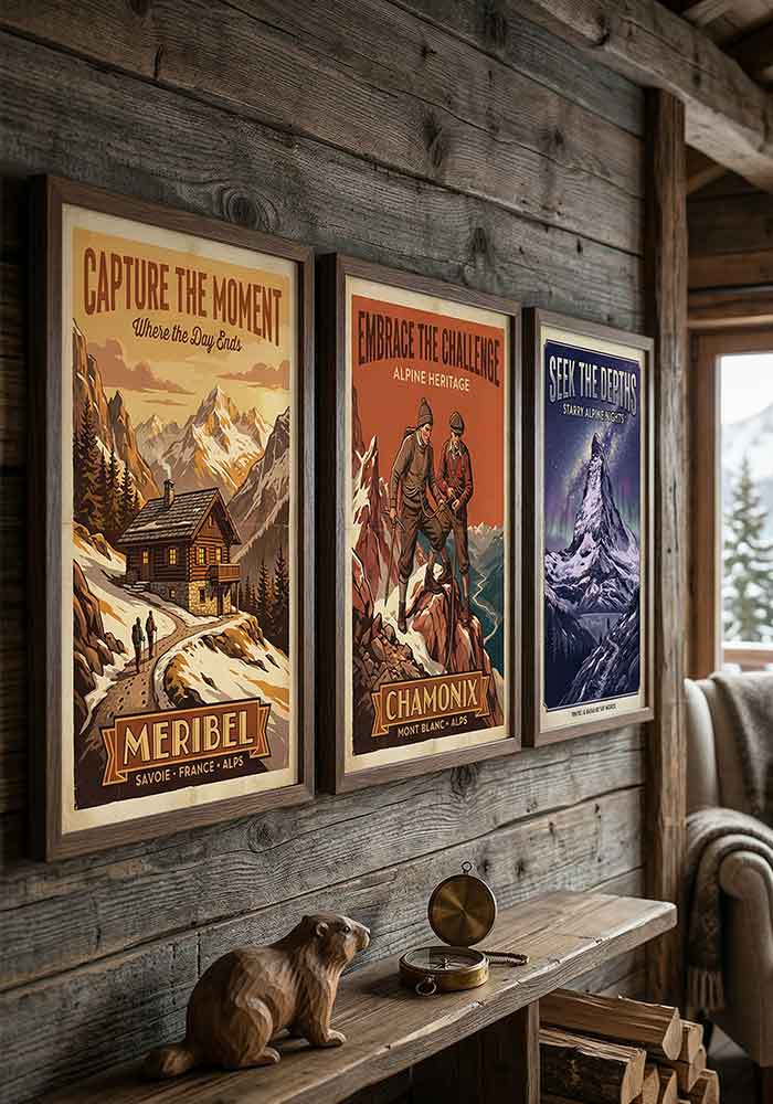 Seek the Depths Poster Framed vintage Alpine travel poster hanging on a wall in a stylish, modern home interior mockup.