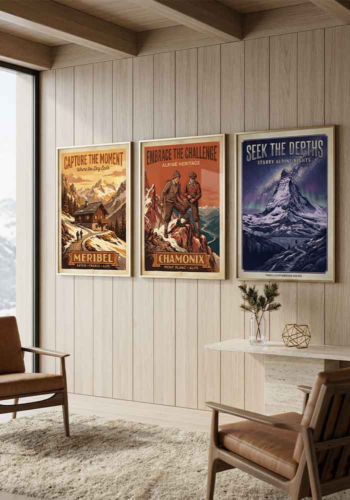Seek the Depths Poster Framed vintage Alpine travel poster hanging on a wall in a stylish, modern home interior mockup.