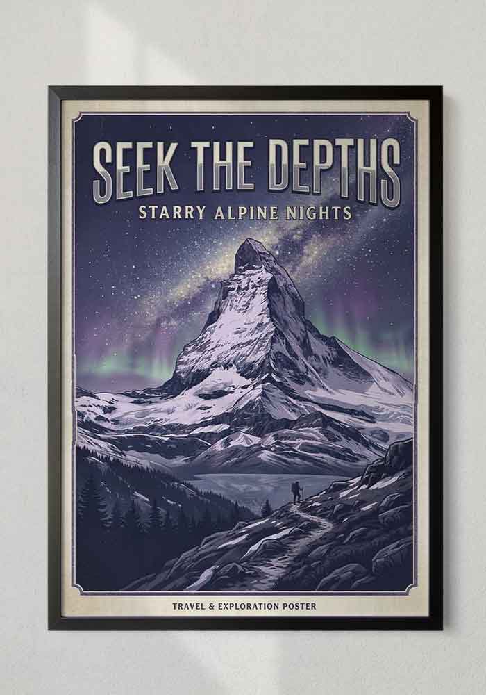 Seek the Depths Poster Vintage travel poster with the text Seek the Depths, showing a snow-capped mountain peak under a starry night sky with the Milky Way and Northern Lights, and a hiker in the foreground.