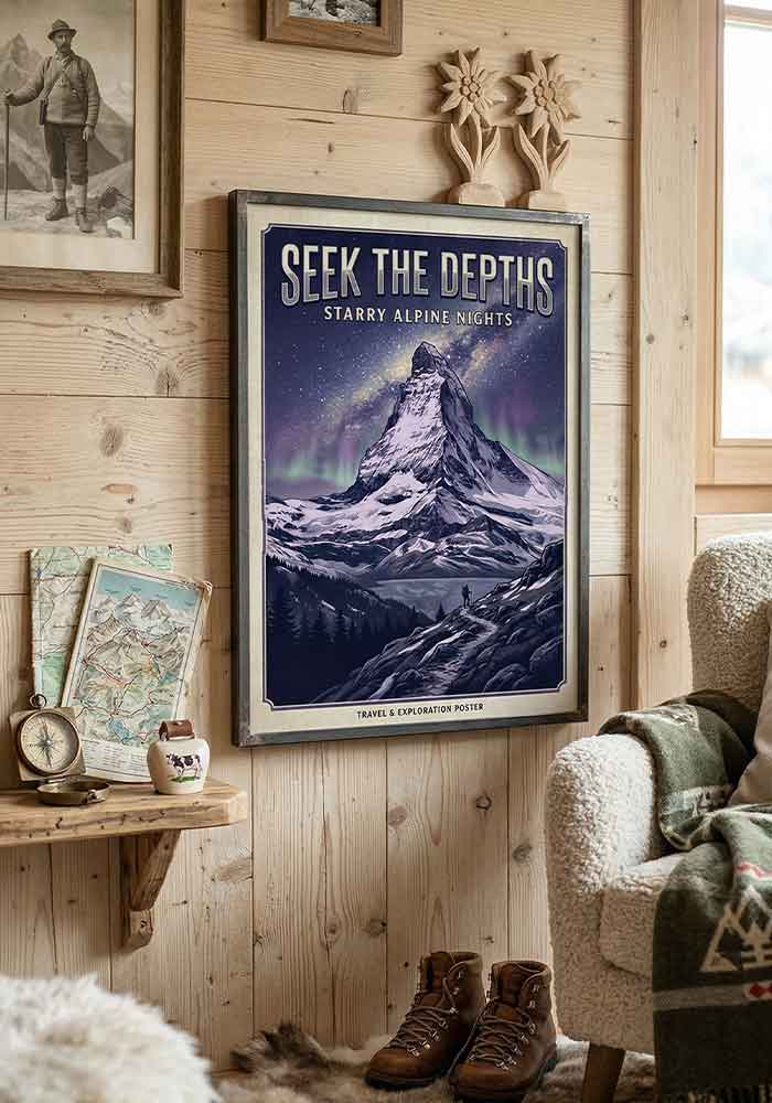 Seek the Depths Poster Vintage travel poster with the text Seek the Depths, showing a snow-capped mountain peak under a starry night sky with the Milky Way and Northern Lights, and a hiker in the foreground.