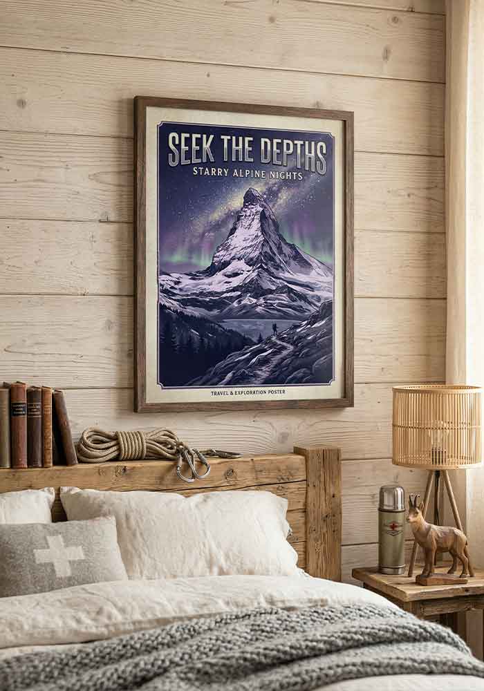 Seek the Depths Poster Vintage travel poster with the text Seek the Depths, showing a snow-capped mountain peak under a starry night sky with the Milky Way and Northern Lights, and a hiker in the foreground.