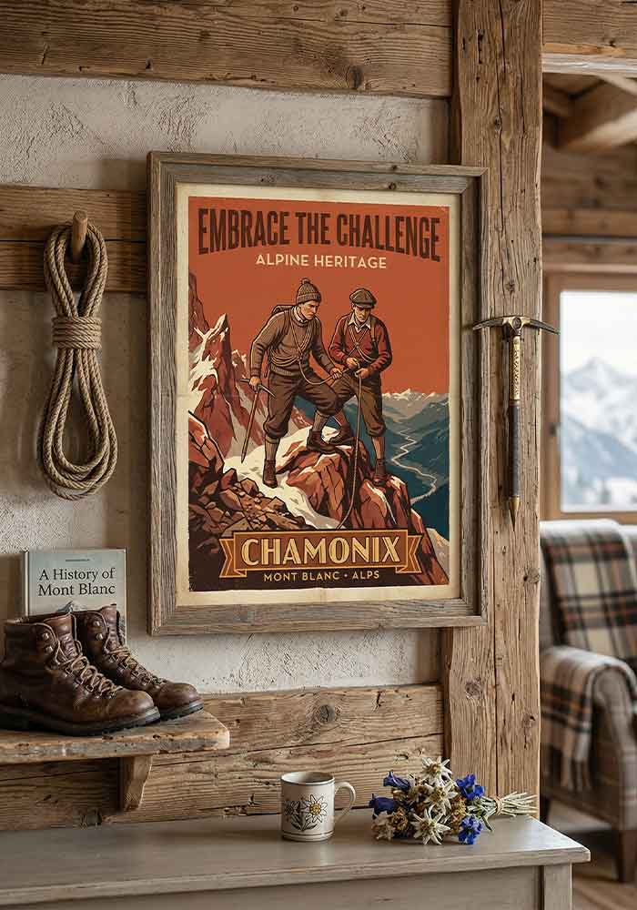 Embrace the Challenge Poster Vintage travel poster with the text Embrace the Challenge, featuring two mountaineers in retro clothing with ropes and an ice axe standing on a rocky peak in Chamonix.