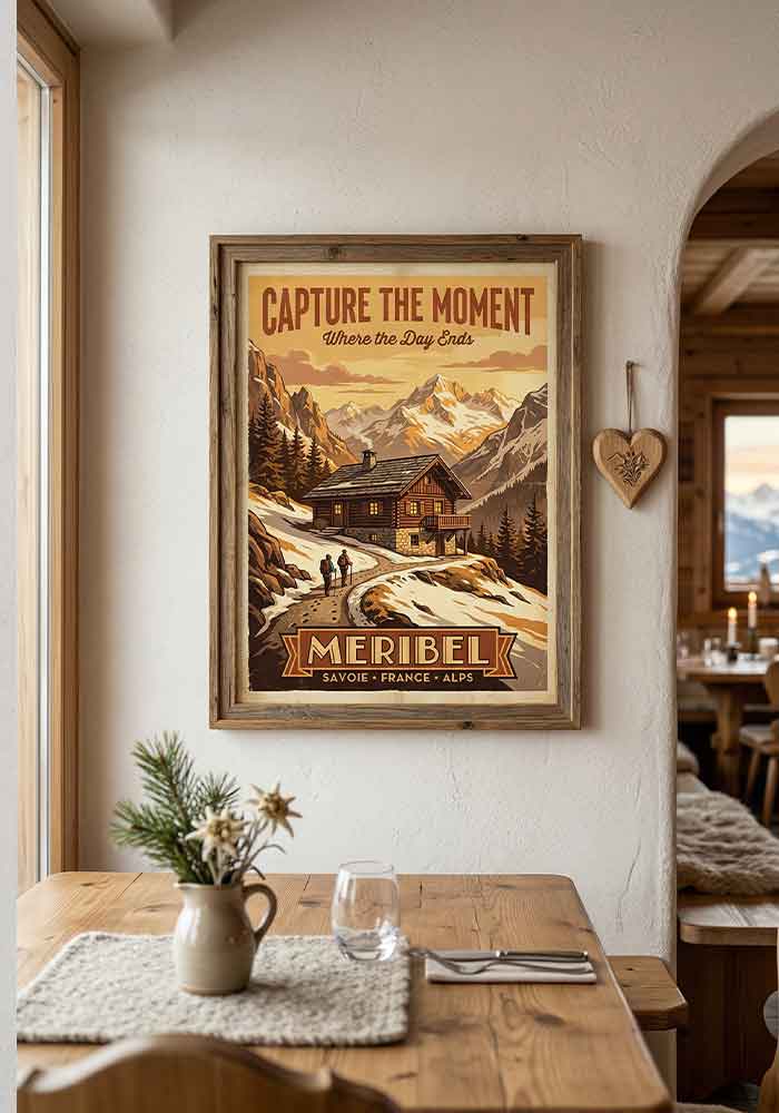 Vintage travel poster with the text Capture the Moment, showing a wooden mountain cabin in Meribel, France, at sunset with two hikers on a snowy path.