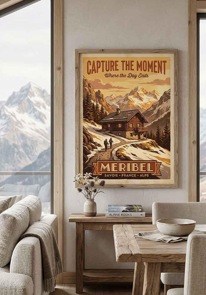 Vintage travel poster with the text Capture the Moment, showing a wooden mountain cabin in Meribel, France, at sunset with two hikers on a snowy path.