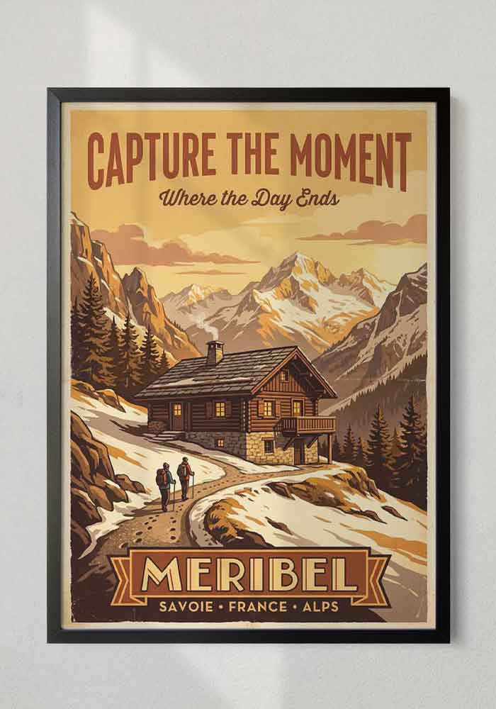 Vintage travel poster with the text Capture the Moment, showing a wooden mountain cabin in Meribel, France, at sunset with two hikers on a snowy path.