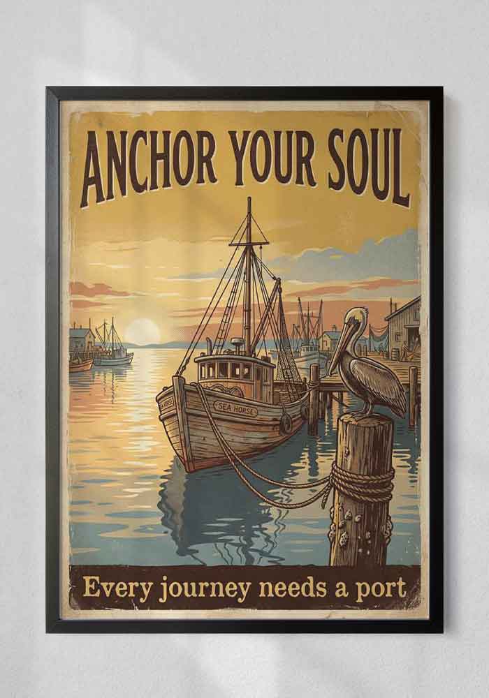 Vintage nautical poster featuring a wooden fishing boat in a harbor at sunset, a pelican, and the text Anchor Your Soul - Every journey needs a port.