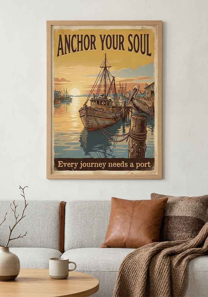 Vintage nautical poster featuring a wooden fishing boat in a harbor at sunset, a pelican, and the text Anchor Your Soul - Every journey needs a port.
