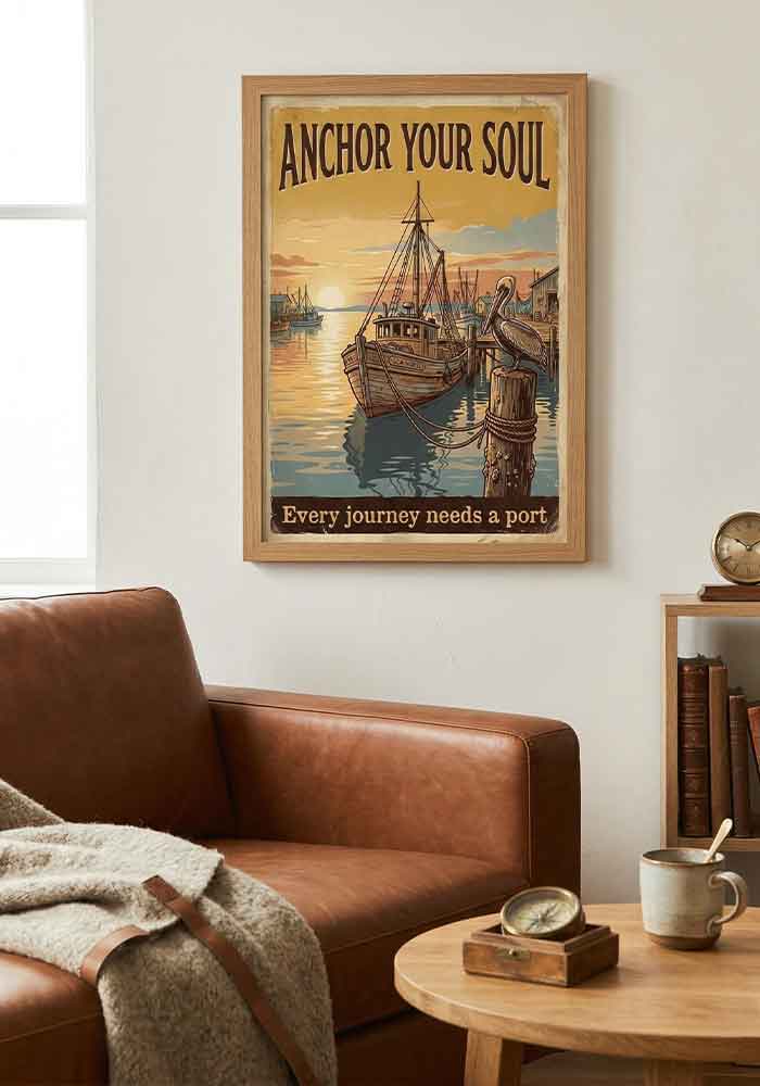 Vintage nautical poster featuring a wooden fishing boat in a harbor at sunset, a pelican, and the text Anchor Your Soul - Every journey needs a port.