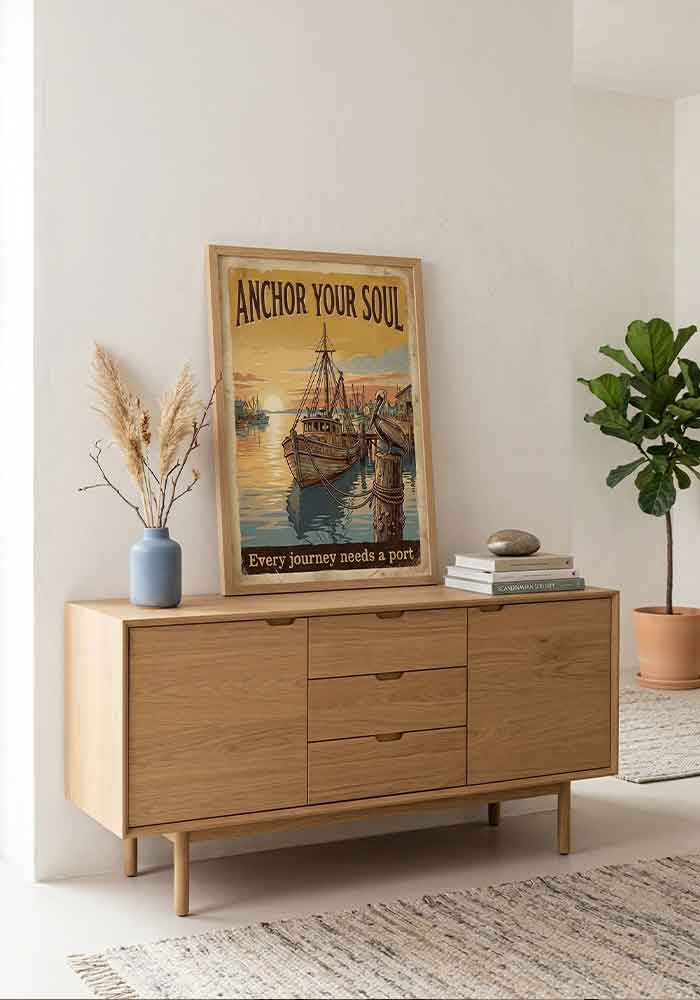 Vintage nautical poster featuring a wooden fishing boat in a harbor at sunset, a pelican, and the text Anchor Your Soul - Every journey needs a port.