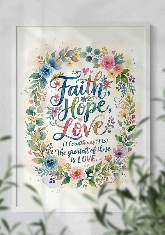 Faith Hope Love Poster Colorful watercolor typography poster featuring the quote "Faith, Hope, Love (1 Corinthians 13:13) The greatest of these is LOVE" framed by a bright floral wreath.