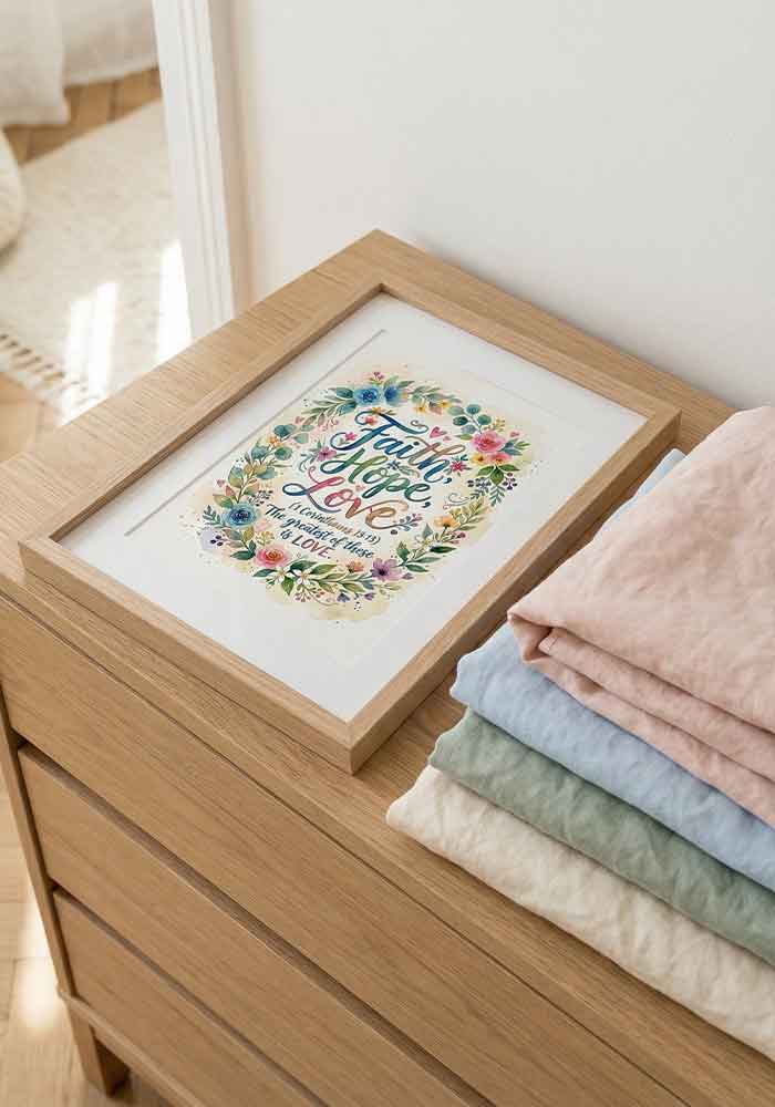 Faith Hope Love Poster Colorful watercolor typography poster featuring the quote "Faith, Hope, Love (1 Corinthians 13:13) The greatest of these is LOVE" framed by a bright floral wreath.