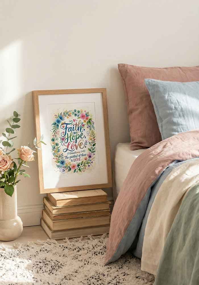 Faith Hope Love Poster Colorful watercolor typography poster featuring the quote "Faith, Hope, Love (1 Corinthians 13:13) The greatest of these is LOVE" framed by a bright floral wreath.