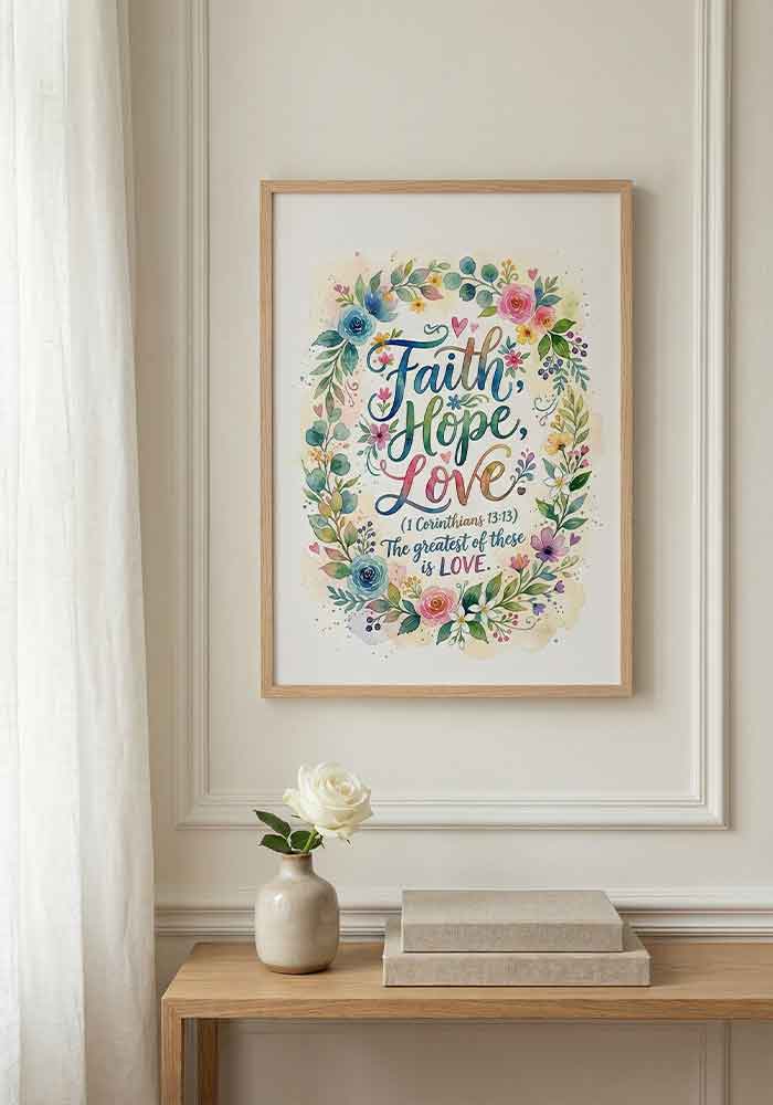 Faith Hope Love Poster Colorful watercolor typography poster featuring the quote "Faith, Hope, Love (1 Corinthians 13:13) The greatest of these is LOVE" framed by a bright floral wreath.