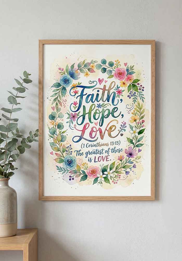 Faith Hope Love Poster Colorful watercolor typography poster featuring the quote "Faith, Hope, Love (1 Corinthians 13:13) The greatest of these is LOVE" framed by a bright floral wreath.