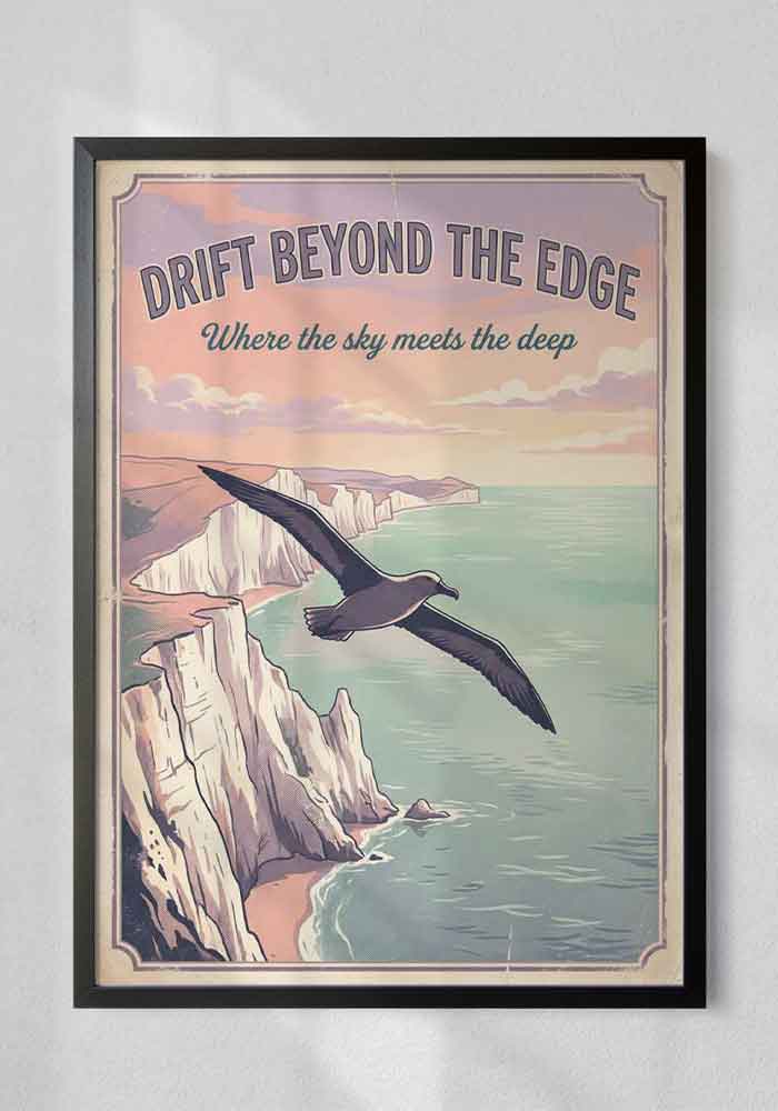 Vintage White Cliffs Poster Retro vintage travel poster showing a seabird flying over white coastal cliffs at sunset with the text Drift Beyond The Edge.