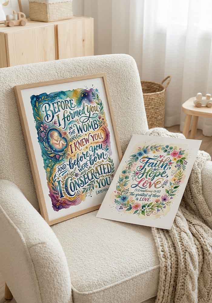 Richly colored watercolor typography poster with the verse "Before I formed you in the womb I knew you... (Jeremiah 1:5)" alongside a delicate illustration of a baby in the womb surrounded by stars and floral swirls.