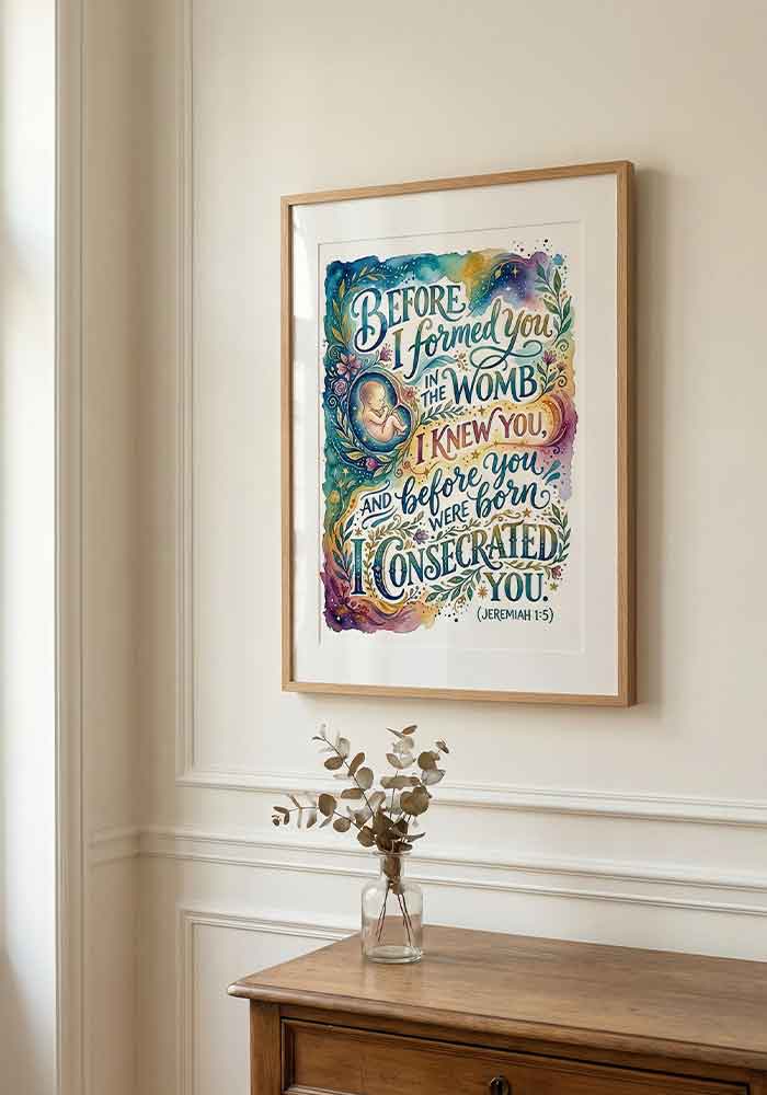 Richly colored watercolor typography poster with the verse "Before I formed you in the womb I knew you... (Jeremiah 1:5)" alongside a delicate illustration of a baby in the womb surrounded by stars and floral swirls.