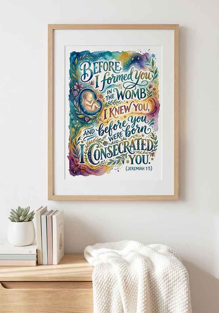 Richly colored watercolor typography poster with the verse "Before I formed you in the womb I knew you... (Jeremiah 1:5)" alongside a delicate illustration of a baby in the womb surrounded by stars and floral swirls.