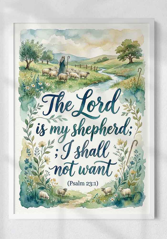 Watercolor poster featuring the Bible verse "The Lord is my shepherd; I shall not want (Psalm 23:1)" with a peaceful illustration of a shepherd, sheep, and a river in a green landscape.