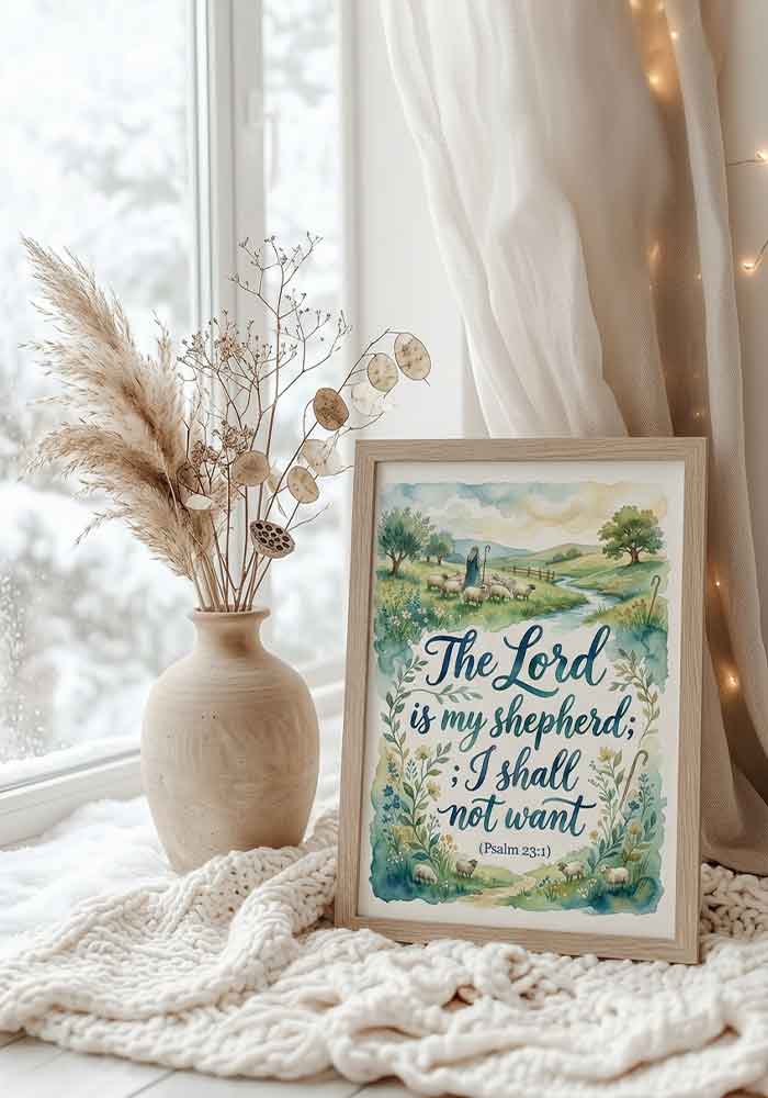 Watercolor poster featuring the Bible verse "The Lord is my shepherd; I shall not want (Psalm 23:1)" with a peaceful illustration of a shepherd, sheep, and a river in a green landscape.