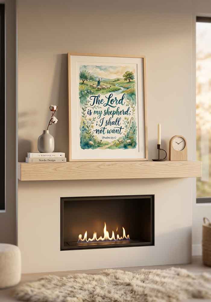 Watercolor poster featuring the Bible verse "The Lord is my shepherd; I shall not want (Psalm 23:1)" with a peaceful illustration of a shepherd, sheep, and a river in a green landscape.