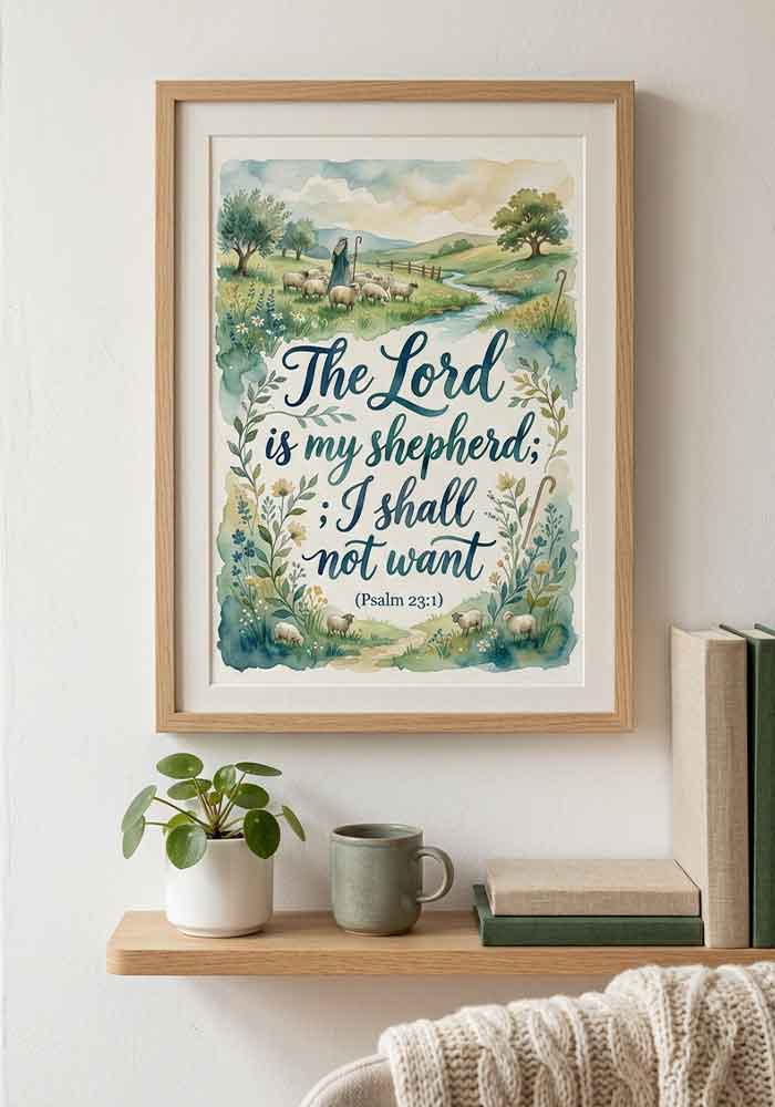 Watercolor poster featuring the Bible verse "The Lord is my shepherd; I shall not want (Psalm 23:1)" with a peaceful illustration of a shepherd, sheep, and a river in a green landscape.