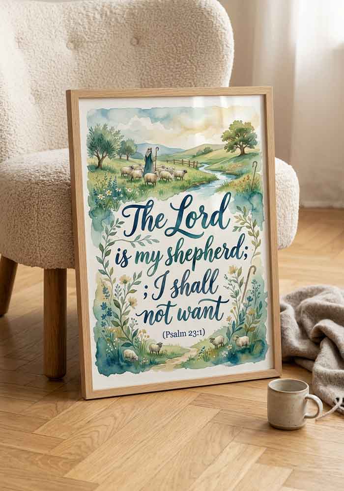 Watercolor poster featuring the Bible verse "The Lord is my shepherd; I shall not want (Psalm 23:1)" with a peaceful illustration of a shepherd, sheep, and a river in a green landscape.