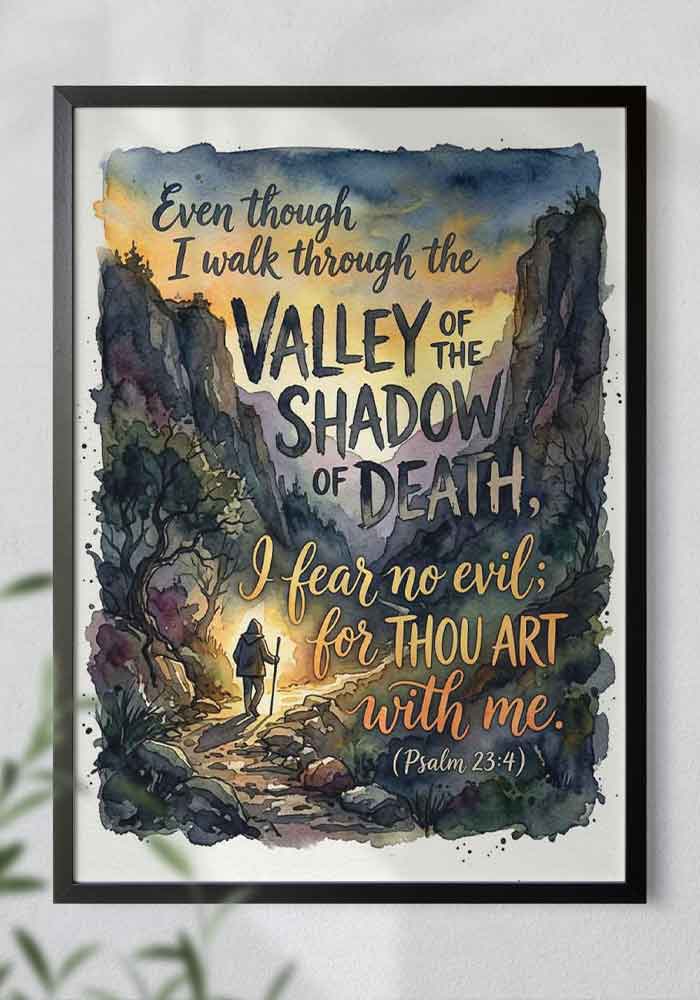 Moody watercolor landscape showing a traveler walking through a dark rocky valley towards a bright golden light, overlaid with the text "Even though I walk through the valley of the shadow of death, I fear no evil; for thou art with me. (Psalm 23:4)".