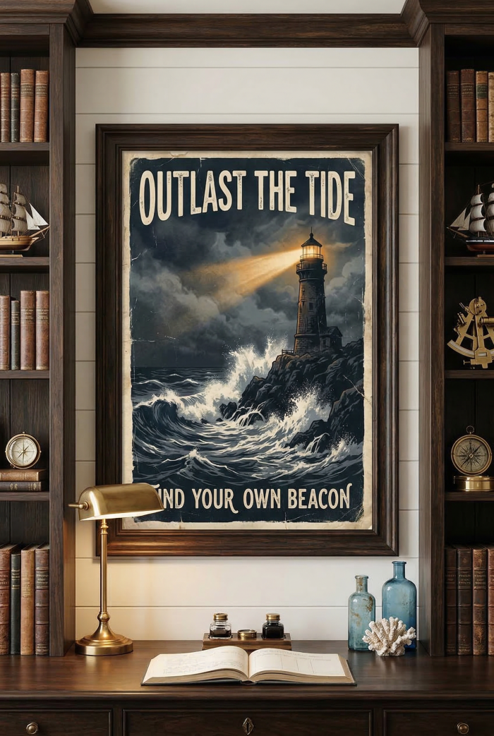Moody vintage illustration of a lighthouse shining a bright yellow beam into a dark stormy night over crashing ocean waves with the text Outlast The Tide.