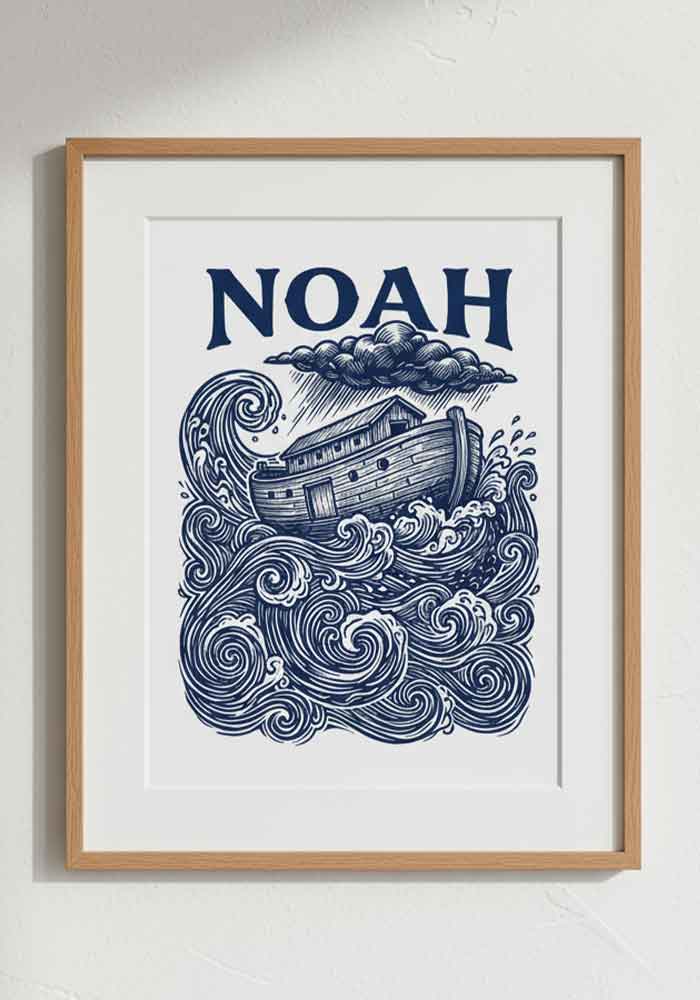 Detailed indigo linocut-style print of Noah's Ark on turbulent sea waves.