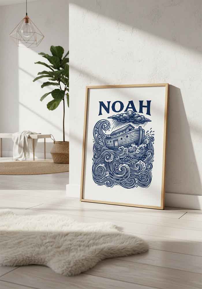 Detailed indigo linocut-style print of Noah's Ark on turbulent sea waves.