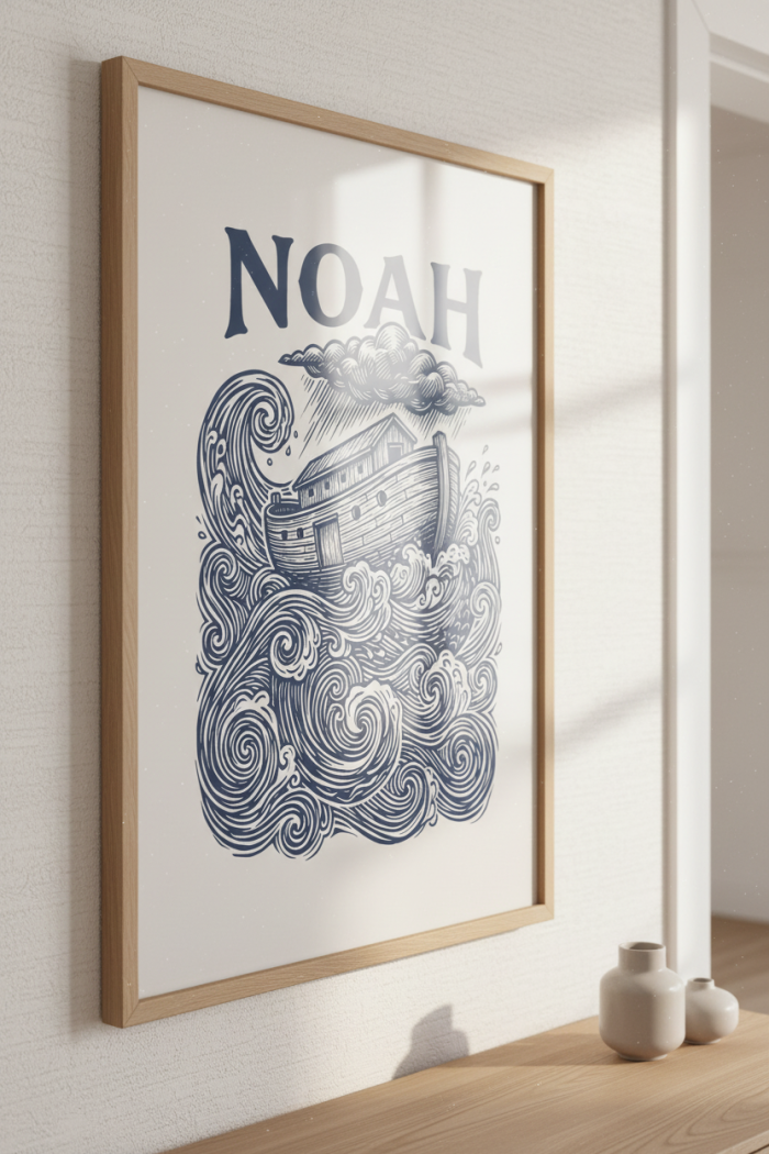 Detailed indigo linocut-style print of Noah's Ark on turbulent sea waves.
