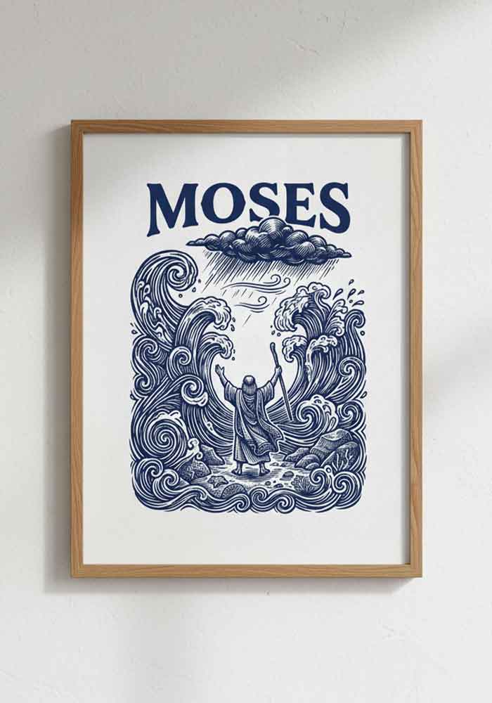 Indigo blue linocut illustration of Moses standing between walls of water in the parted Red Sea.