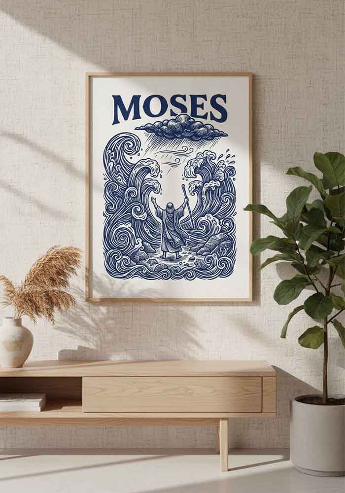 Indigo blue linocut illustration of Moses standing between walls of water in the parted Red Sea.