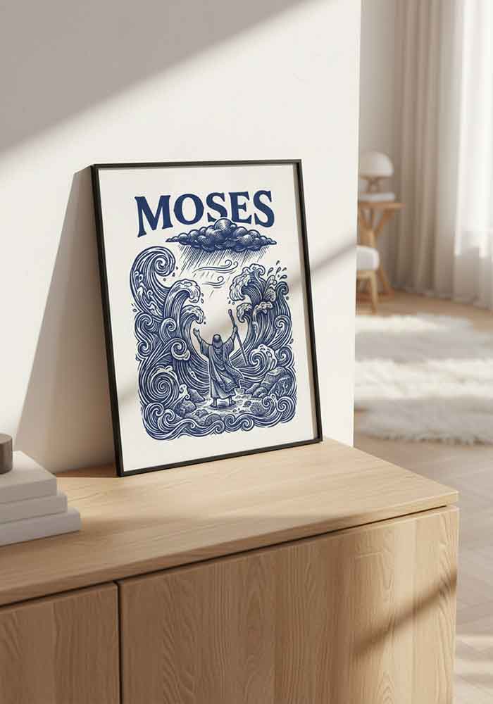 Indigo blue linocut illustration of Moses standing between walls of water in the parted Red Sea.