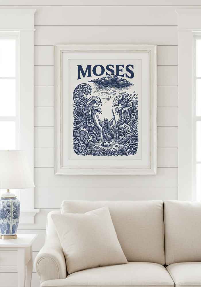 Indigo blue linocut illustration of Moses standing between walls of water in the parted Red Sea.
