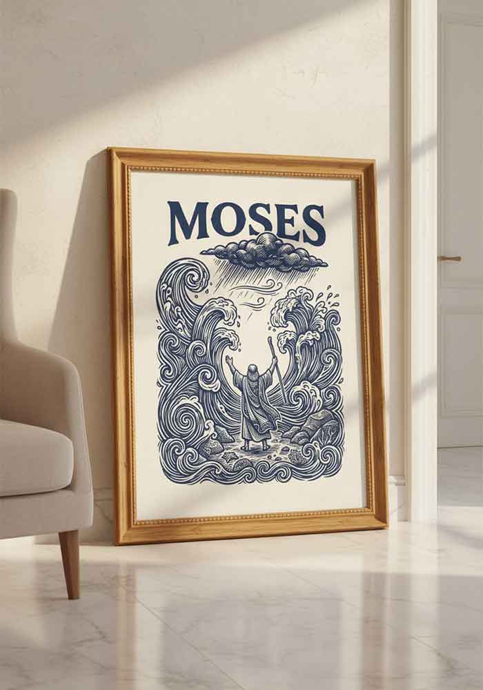 Indigo blue linocut illustration of Moses standing between walls of water in the parted Red Sea.