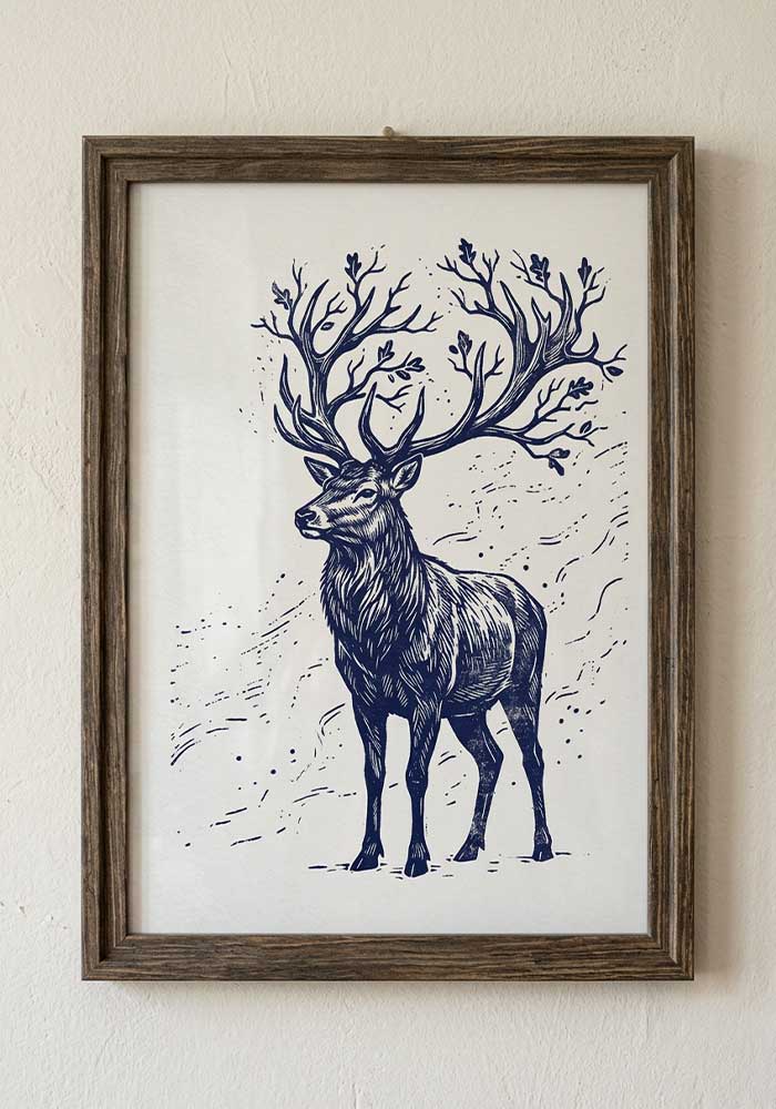 Indigo linocut stag poster with branching antlers on textured white.